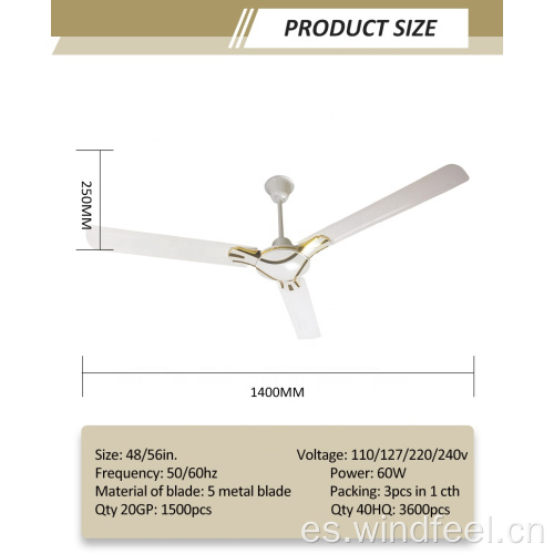 Ventilador de techo de estilo indio de 56 pulgadas con refrigeración por aire fuerte Ventilador decorativo de motor de cobre de 3 aspas Ghana Dubai Oriente Medio